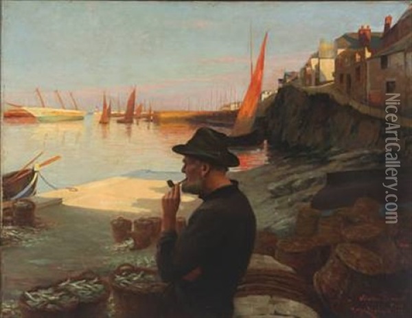 Fisherman Overlooking The Harbor In The Evening Sun Oil Painting - Eugene Louis Leopold Tripard