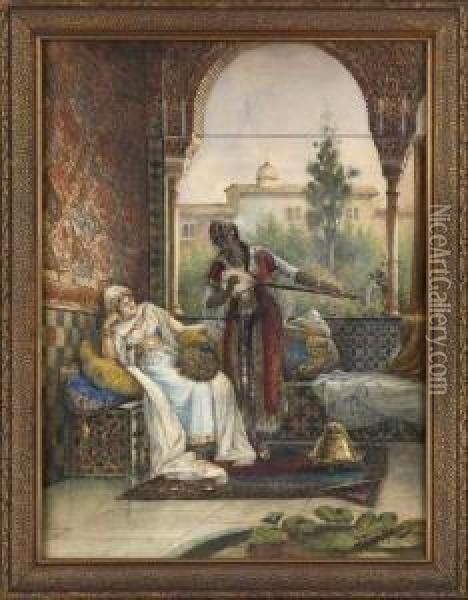 Orientalist Interior Scenewith An Attendant Playing A Setar For A Harem Beauty Oil Painting - Federico Fernandez Y Gimenez