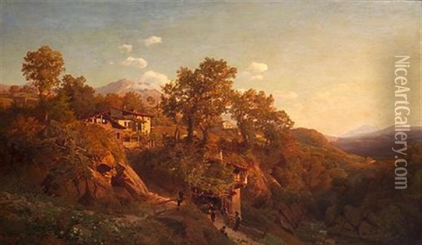 An Italianate Landscape With A Group Of Figures Outside A House In The Foreground Oil Painting - Johann Valentin Ruths