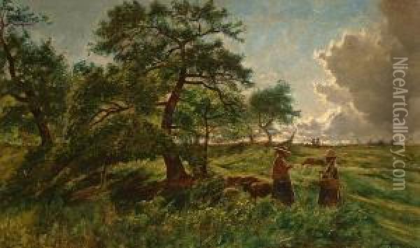 Peasants In A Landscape With Sheep. Oil Painting - Adolphe Potter