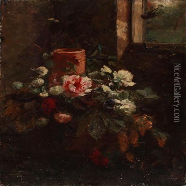 Table With Flowers For Decoration In A Vase Oil Painting - Nicoline Tuxen