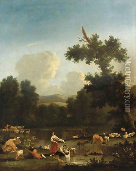 A wooded landscape with women washing clothesby a lake, with herdsmen, cattle and sheep Oil Painting - Of Karel Dujardin