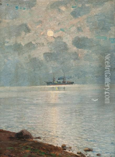 Ship In Moonlight Oil Painting - Oskar Conrad Kleineh
