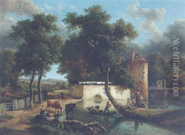 Landscape With Figures Near A Moated Chateau Oil Painting - Jean-Louis Demarne