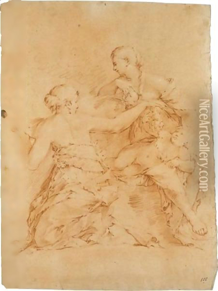 Two Female Figures And A Putto Oil Painting - Luca Giordano