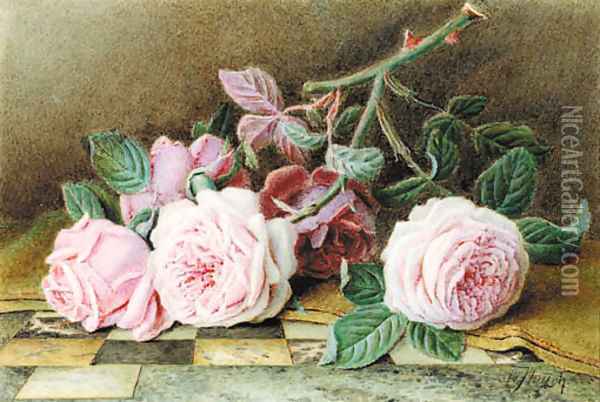 Still-life of pink roses on a marble topped table Oil Painting - William B. Hough