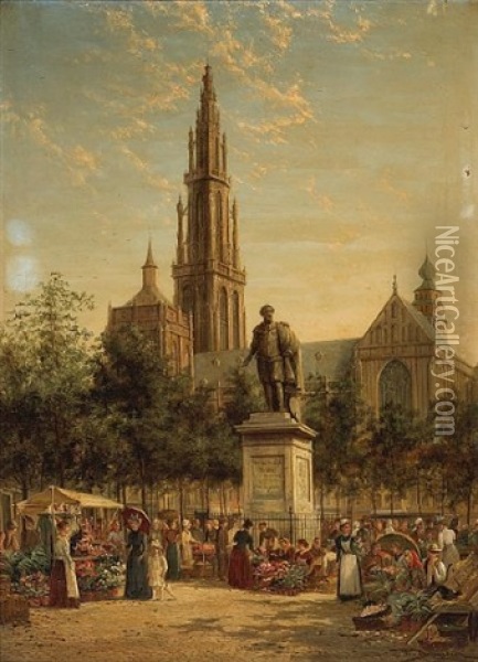 A View Of The Rubens Statue And The Cathedral, Antwerp Oil Painting - William Raymond Dommersen