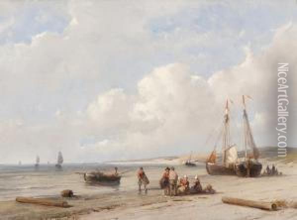 A Beach With Barges And Some Fishermen Oil Painting - Andreas Schelfhout