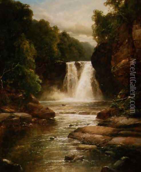 A Wooded River Landscape with Waterfall Oil Painting - James Burrell-Smith