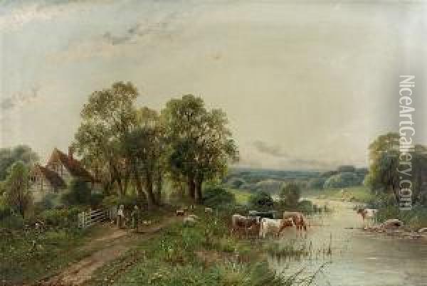 Cattle Watering And Figures On A Path Beside A Farmhouse Oil Painting - John Henry Boel