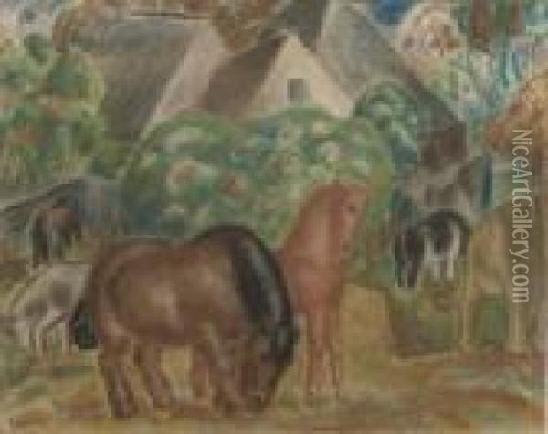 Farm With Horses In Vlaanderen Oil Painting - Leo Gestel