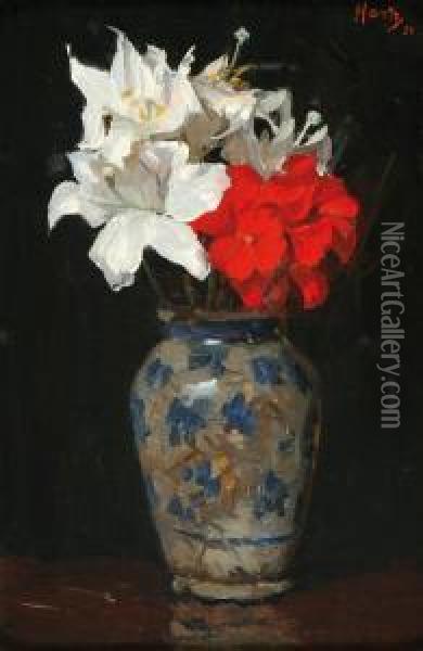 Still Life Withflouwers In A Grey Stoneware Jug Oil Painting - Louis Hartz