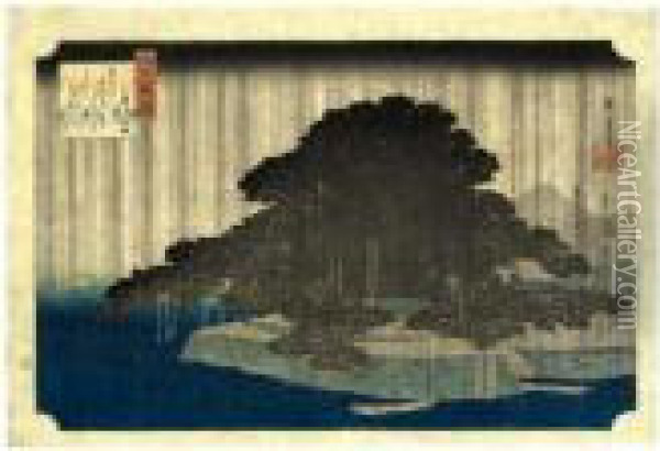 ````karasaki No Yau' (evening 
Rain At Karasaki) From The Series ````omi Hakkei No Uchi' (eight Views 
In Omi Province) Oil Painting - Utagawa or Ando Hiroshige
