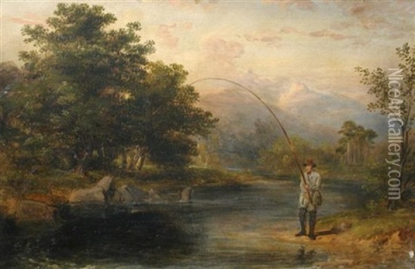 Salmon Fishing On A Highland River Oil Painting - James William Giles