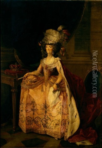 Portrait Of Maria Luisa Of Parma, Queen Of Spain, Full Length Standing, Wearing A Pink Dress And A Lace Bonnet Oil Painting - Zacarias Gonzalez Velazquez