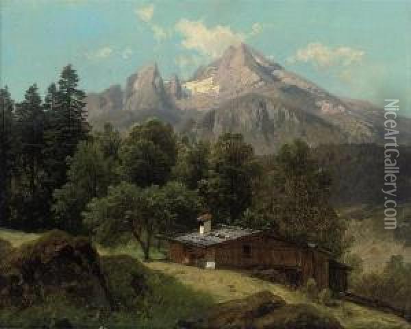 A Chalet Before Mount Watzman In Berchtesgaden Oil Painting - Adalbert Waagen