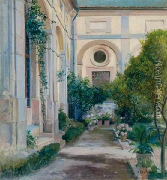 El Patio - The Courtyard Oil Painting - Eliseo Meifren y Roig