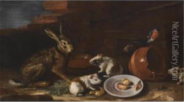 A Farmyard Scene With A Still Life Of A Rabbit Oil Painting - Giovanni Agostino Cassana