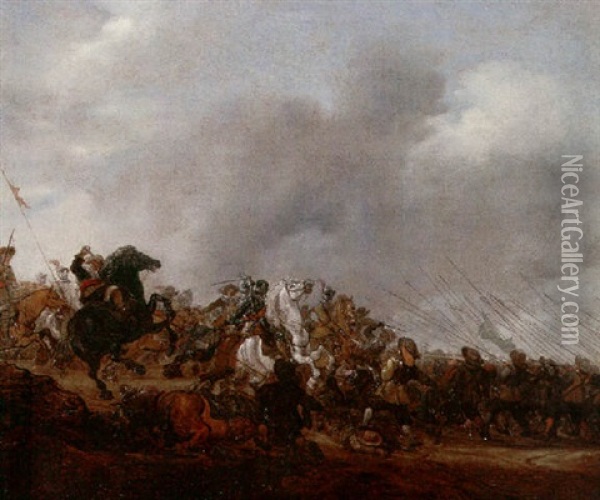 A Battle Scene Between Infantry And Cavalry Oil Painting - Salomon van Ruysdael