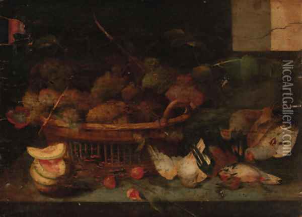 A basket of grapes, with other fruit and dead birds on a ledge Oil Painting - Peter Paul Binoit