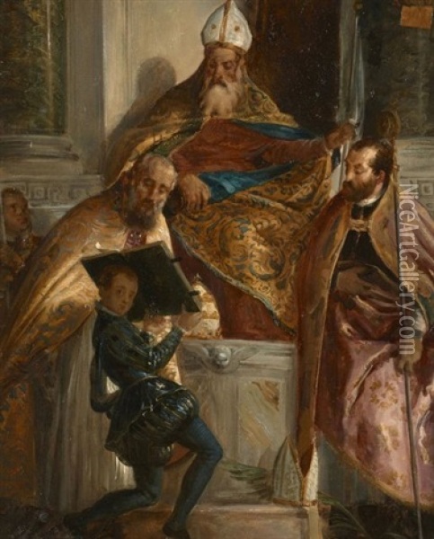 Saint Antoine Abbe Entoure De Saint Corneille Et De Saint Cyprien, D'apres Veronese Oil Painting - Alexandre Marie Colin