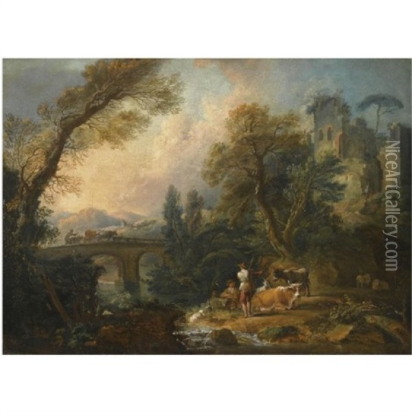 A Pastoral Landscape With Herders And Their Animals Resting Beside A River, A Bridge Beyond Oil Painting - Nicolas-Jacques Juliard