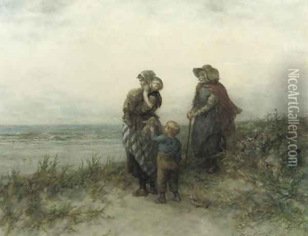 Fisherwomen waiting in the dunes Oil Painting - Elchanon Verveer