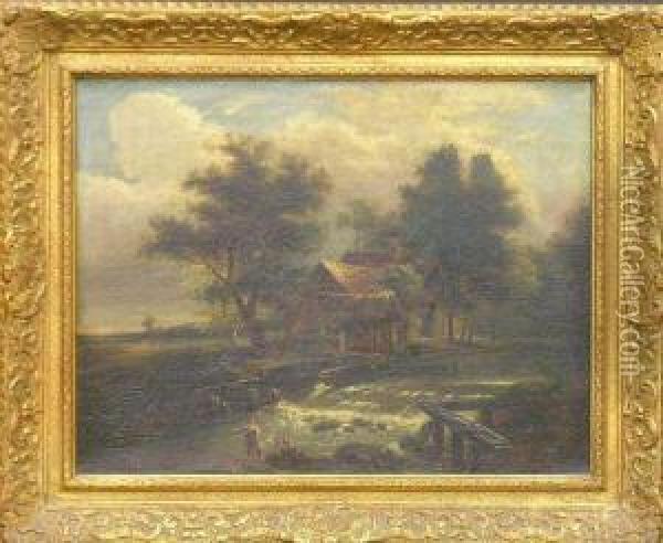Landscape With Peasants By A Mill Oil Painting - Meindert Hobbema
