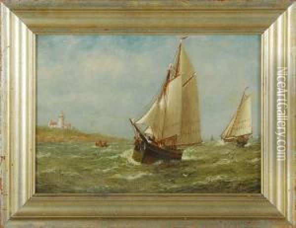 The Race, Depicting Two Ships Racing Off A Lighthouse Oil Painting - Wesley Webber