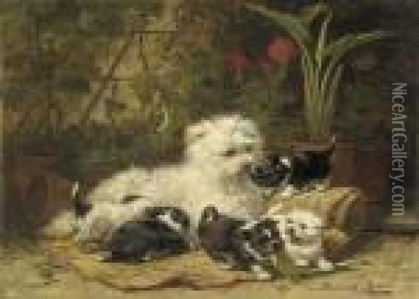 A Cairn Terrior And Her Puppies Oil Painting - Henriette Ronner-Knip