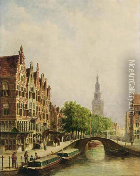 A View Of A Canal With The Westerkerk In The Background, Amsterdam Oil Painting - Pieter Gerard Vertin