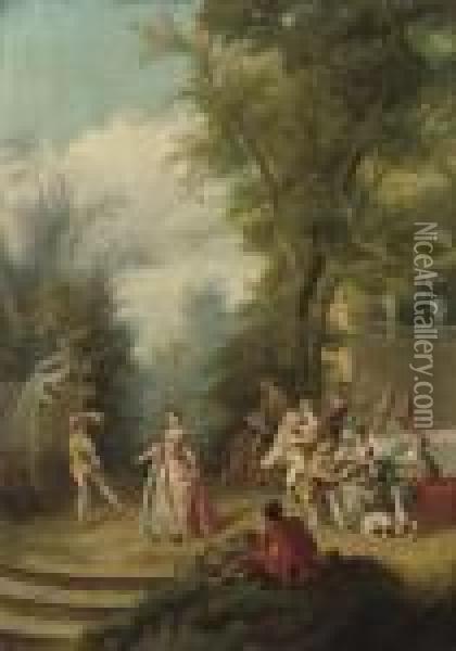 A Fete Champetre With Figures By A Fountain Oil Painting - Nicolas Lancret