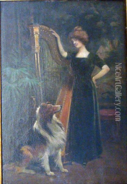 Femme A La Harpe Et Au Chien Oil Painting - Jules Monge