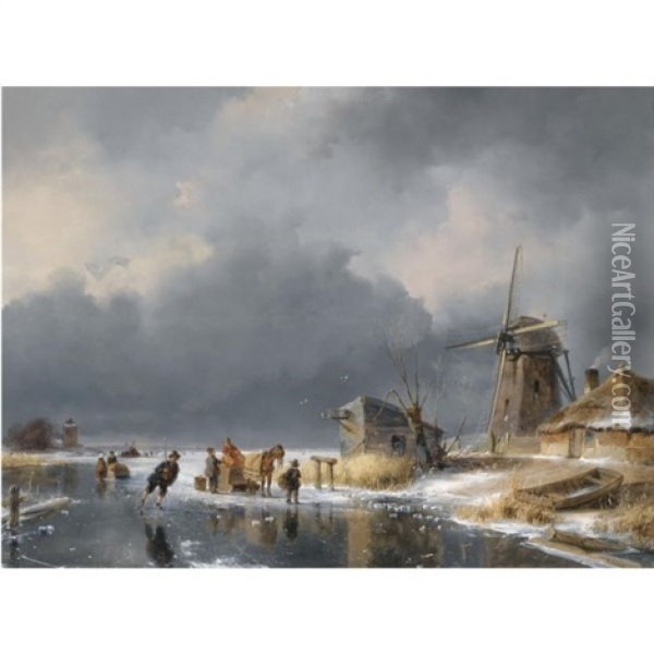 A Winter Scene With Figures And A Horse Sledge By A Mill, A Refreshment Stand In The Background Oil Painting - Andreas Schelfhout