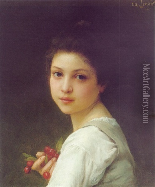 Portrait Of A Young Girl With Cherries Oil Painting - Charles Amable Lenoir