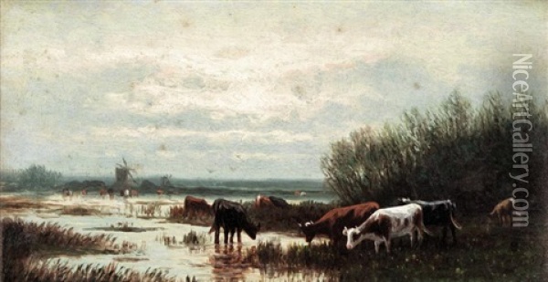 Cattle Watering (+ Cattle With Windmill; Pair) Oil Painting - William Frederick Hulk