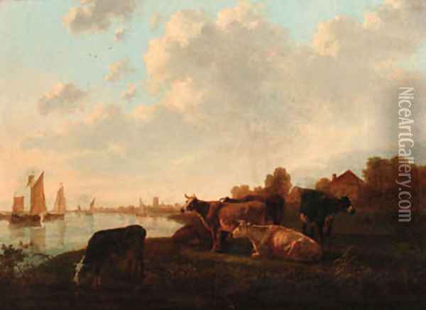 Cattle grazing in a meadow by a canal Oil Painting - Jacob van Strij