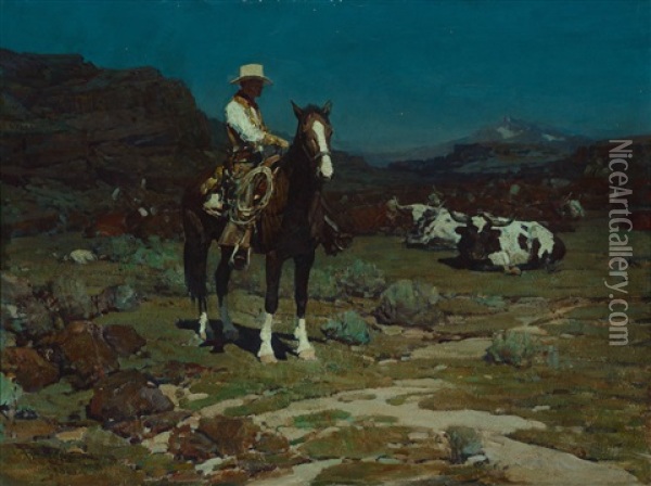 When Trail-weary Cattle Are Sleeping Oil Painting - Frank Tenney Johnson