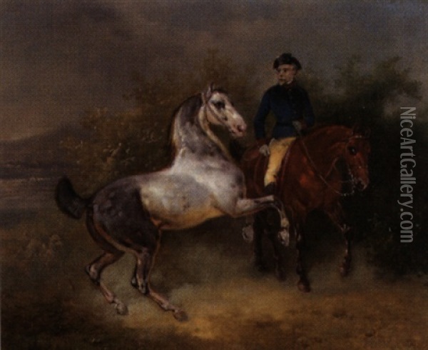 Ausritt Mit Zwei Pferden Und Hund Oil Painting - Joseph Simon Volmar