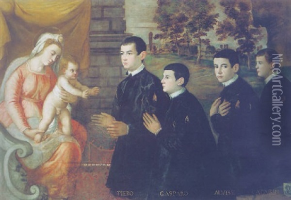 La Madonna Col Bambino E Quattro Ritratti Su Uno Sfondo Di Paesaggio Oil Painting - Girolamo Dente