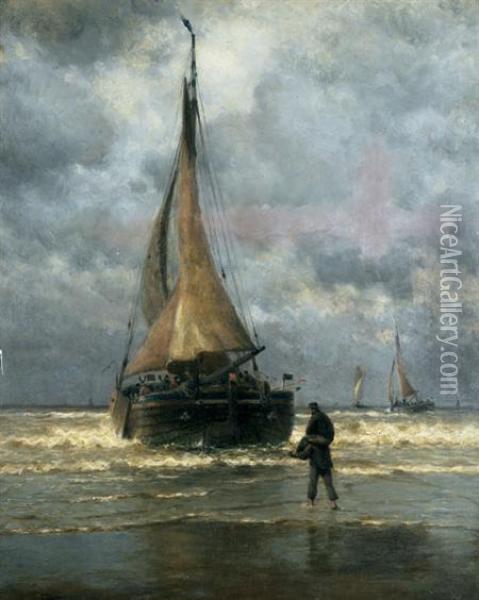On The Coast Of Holland,fishing Boat Ready For Sea Oil Painting - William Edward Norton