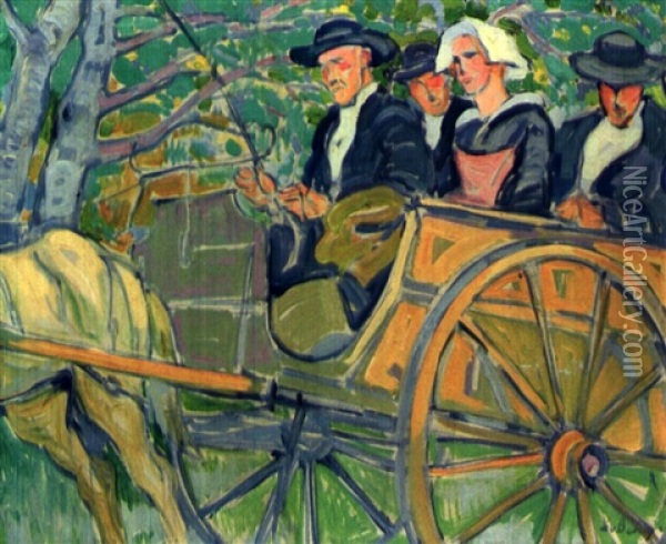 Quatre Paysans Bretons Dans Une Carriole Oil Painting - Pierre De Belay