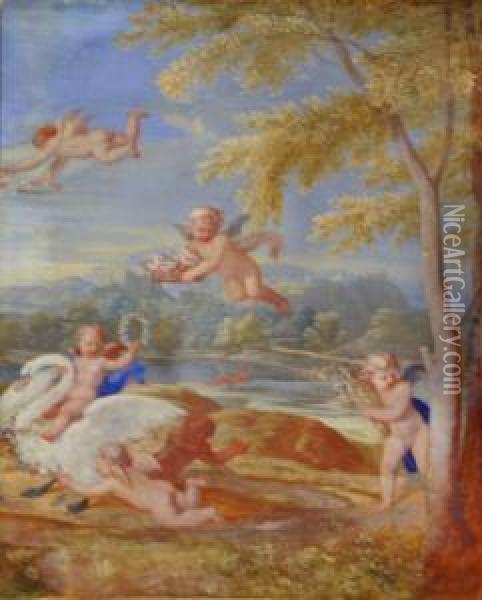 Cupids With A Swan In A Landscape Oil Painting - Francesco Albani