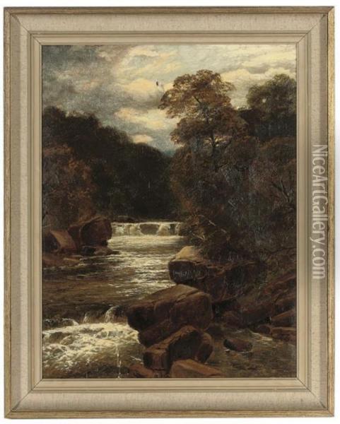 A Waterfall In Spate; And A River In A Wooded Landscape Oil Painting - John Brandon Smith