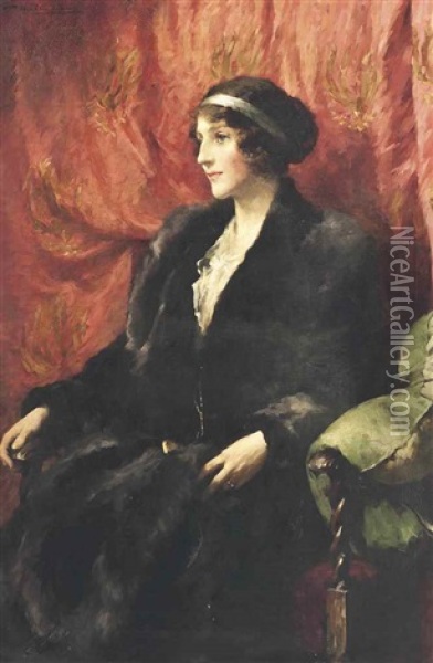 Portrait Of A Lady, Three-quarter Length, Seated Wearing A Fur Coat And A Hair Band Oil Painting - Samuel Melton Fisher