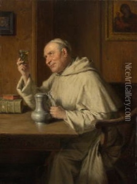 Weinprobe. Ein Monch Mit Weinglas Und Zinnkanne Am Tisch In Der Stube Sitzend Oil Painting - Eduard von Gruetzner