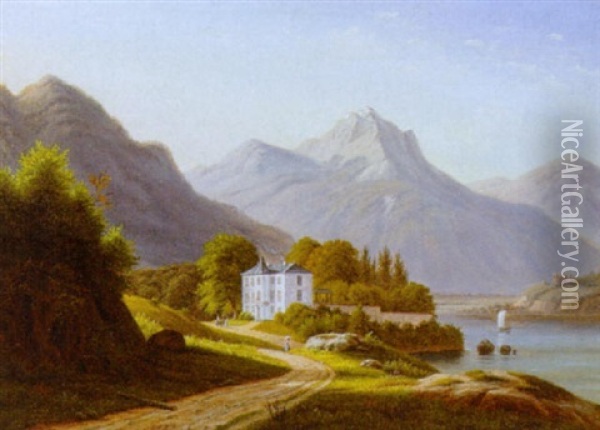 Slot I Sydlandsk Bjerglandskab Ved Flod, I Baggrunden Ruin Oil Painting - Frederik Christian Jacobsen Kiaerskou