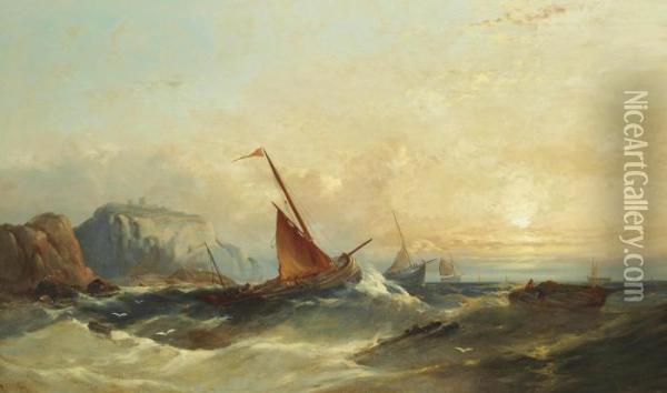 A Heavy Swell Off A Fortified Headland Oil Painting - William Harry Williamson