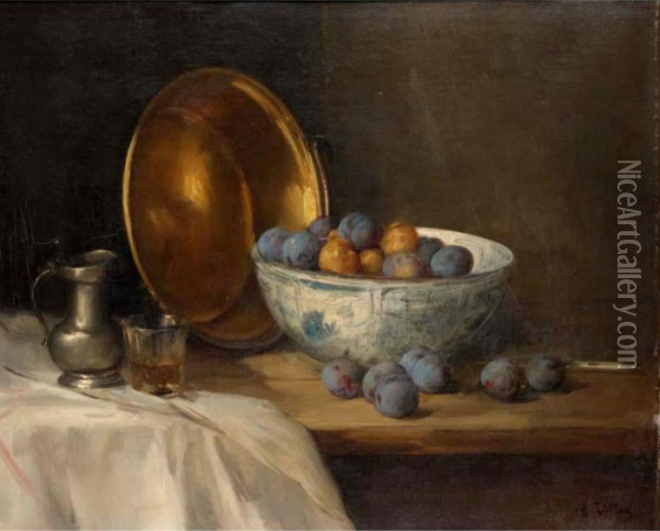 Still Life Of Plums With A Pewter Jug And Glass Oil Painting - Antoine Vollon