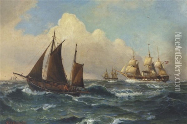 Fregat Og Fiskekutter Pa Havet Oil Painting - Vilhelm Victor Bille